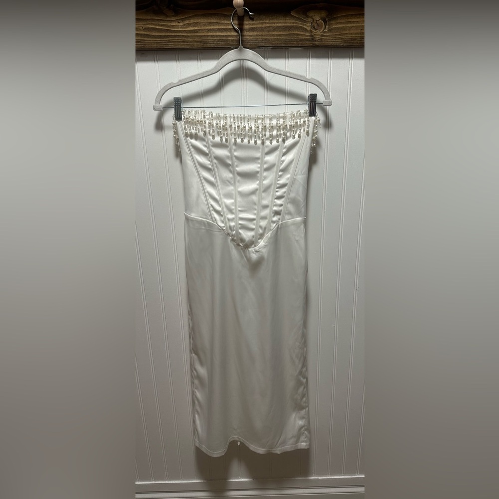 Pearl embellished strapless corset white midi dress side zip back tie sz s